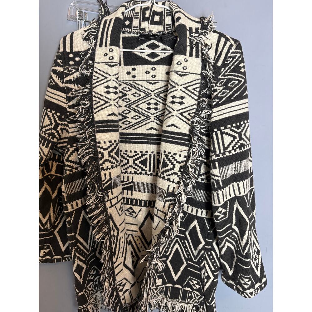 Black Cream Aztec Fringe Open Front Cardigan Women’s Size L Boho Southwestern